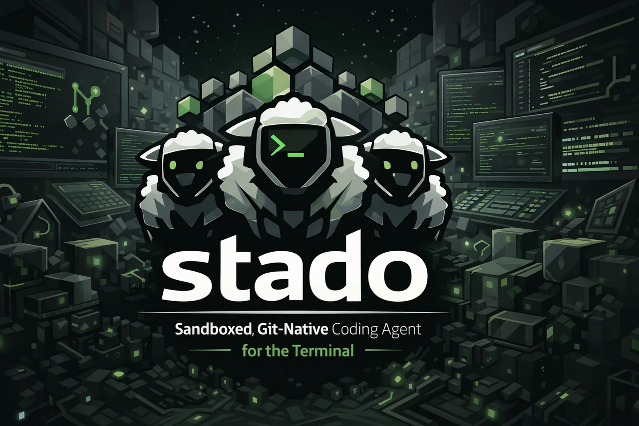 stado — three sheep standing guard amid a low-poly digital landscape of monitors and blocks
